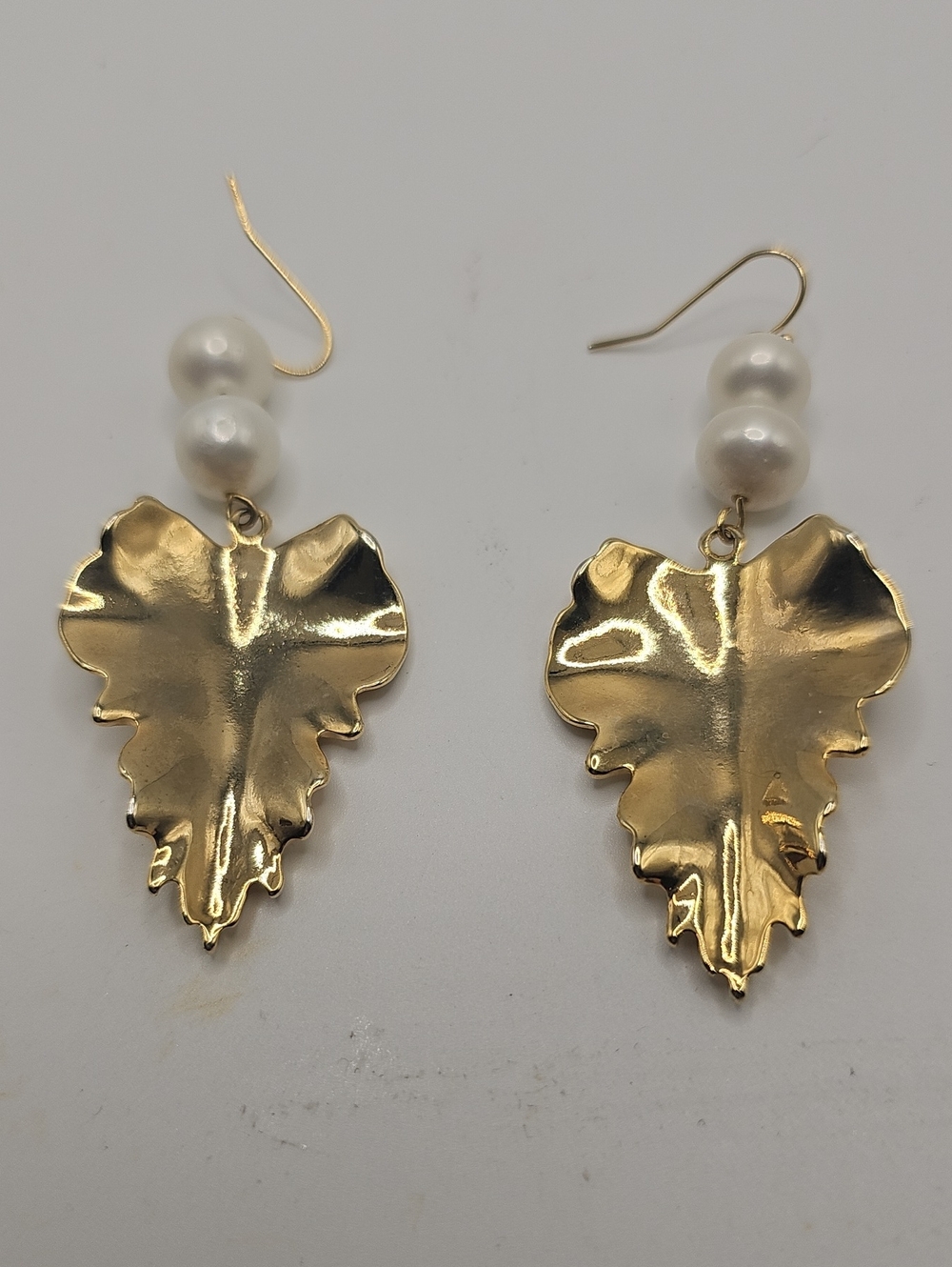 Gold Leaf Drop Earrings with White Pearl Beads - Women Jewelry